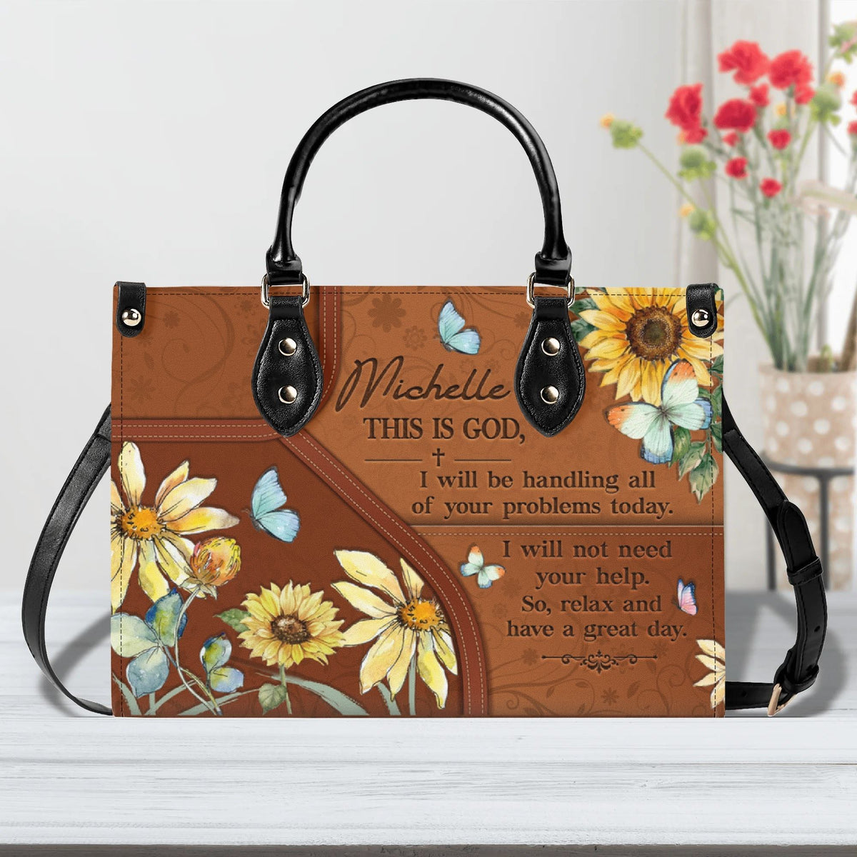 Personalized Floral Butterfly Christian Leather Handbag - Religious Leather Bag - Christian Gifts For Women