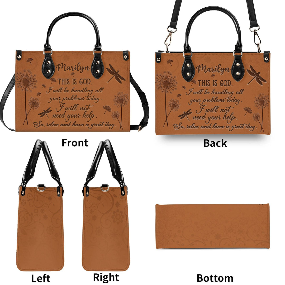 Personalized Dandelion Dragonfly Christian Leather Handbag - Religious Leather Bag - Christian Gifts For Women