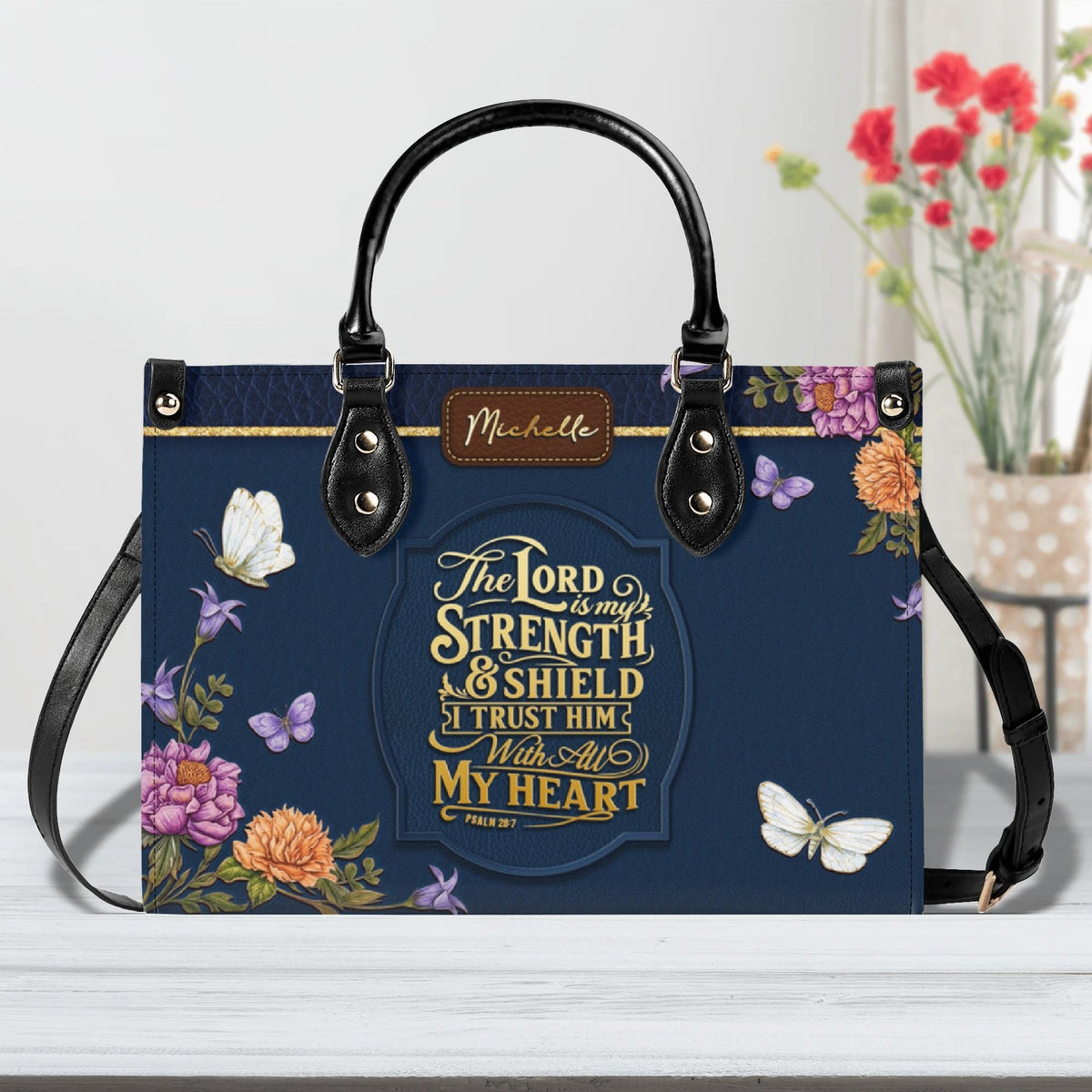 Personalized Floral Butterfly Christian Leather Handbag - Religious Leather Bag - Christian Gifts For Women