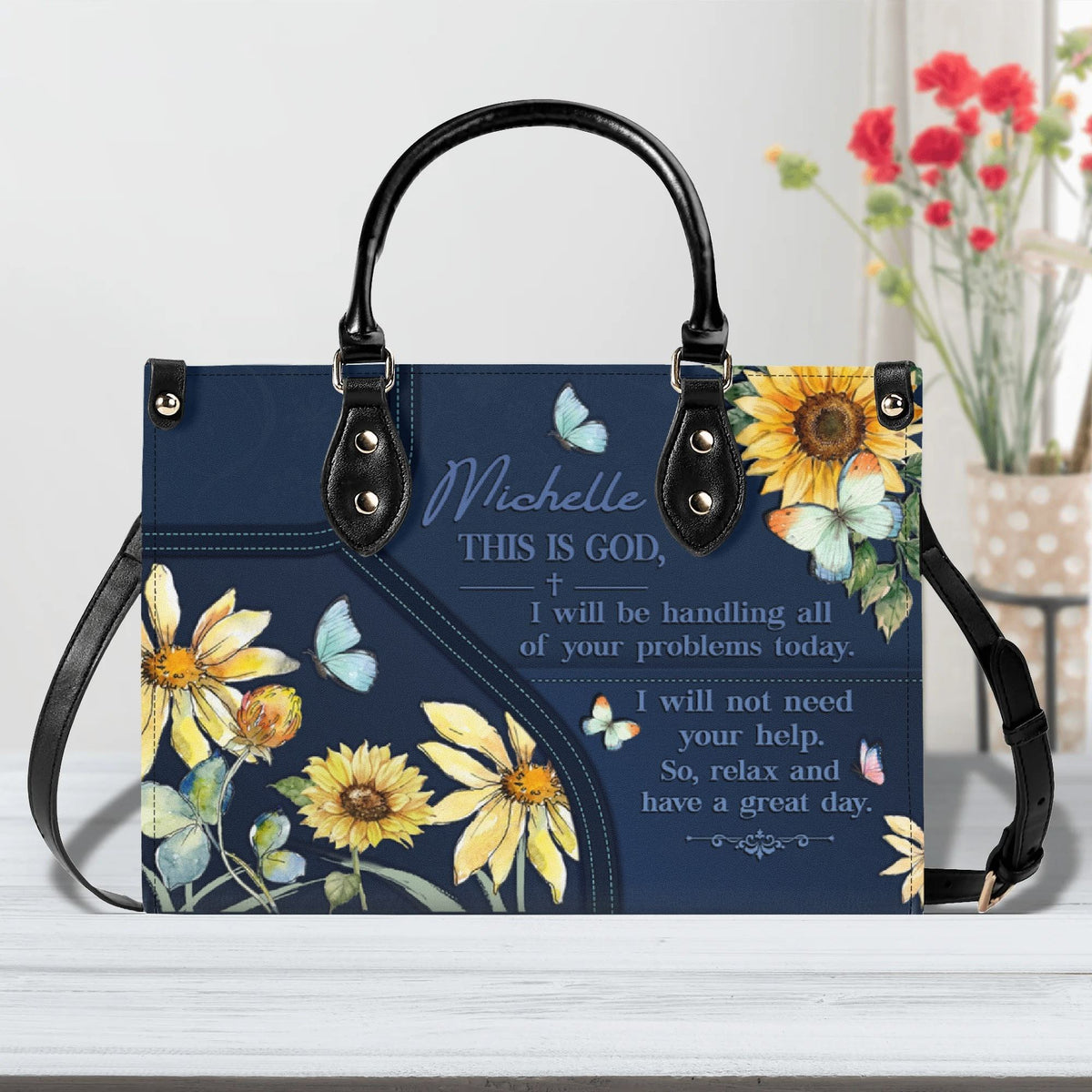 Personalized Floral Butterfly Christian Leather Handbag - Religious Leather Bag - Christian Gifts For Women