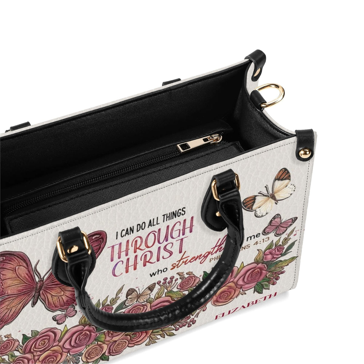 Personalized Floral Butterfly Christian Leather Handbag - Religious Leather Bag - Christian Gifts For Women - Philippans 4:13