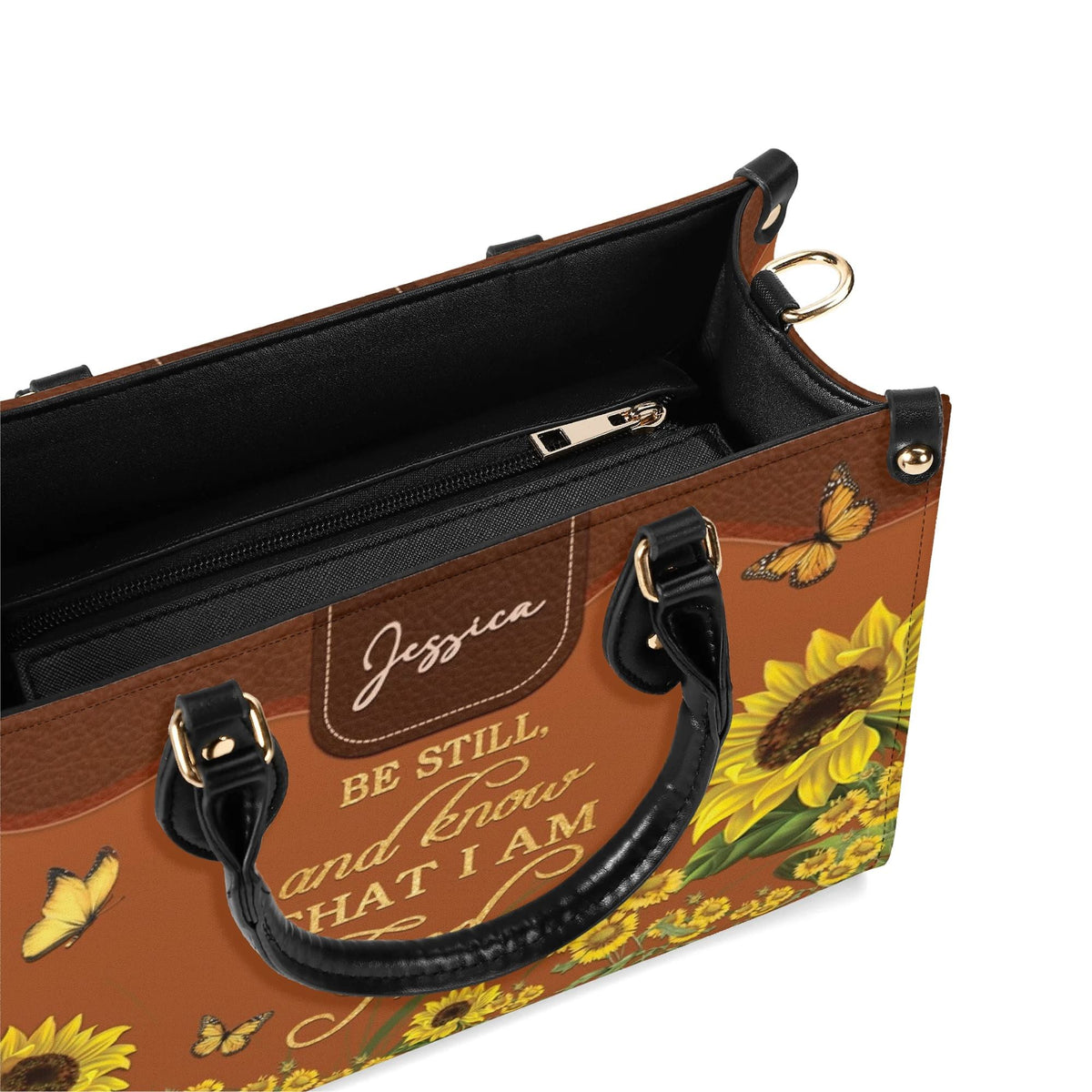 Personalized Sunflower Butterfly Christian Leather Handbag - Religious Leather Bag - Christian Gifts For Women - Psalm 46:10