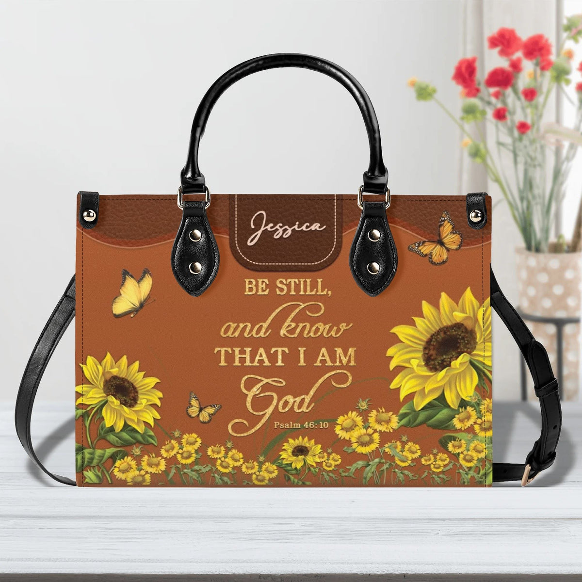 Personalized Sunflower Butterfly Christian Leather Handbag - Religious Leather Bag - Christian Gifts For Women - Psalm 46:10