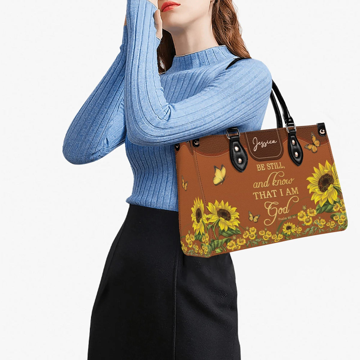 Personalized Sunflower Butterfly Christian Leather Handbag - Religious Leather Bag - Christian Gifts For Women - Psalm 46:10