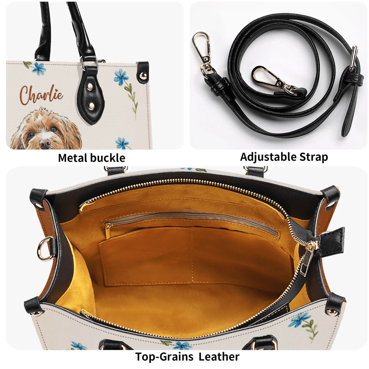 Personalized Floral Pet Portrait Leather Handbag - Dog Cat Mom Leather Bag - Gifts For Dog Cat Lovers
