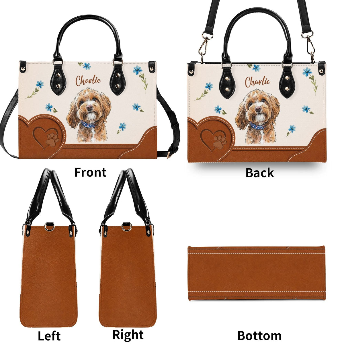 Personalized Floral Pet Portrait Leather Handbag - Dog Cat Mom Leather Bag - Gifts For Dog Cat Lovers
