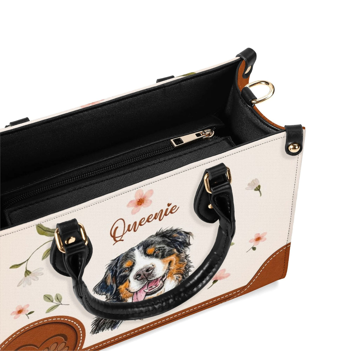 Personalized Floral Pet Portrait Leather Handbag - Dog Cat Mom Leather Bag - Gifts For Dog Cat Lovers