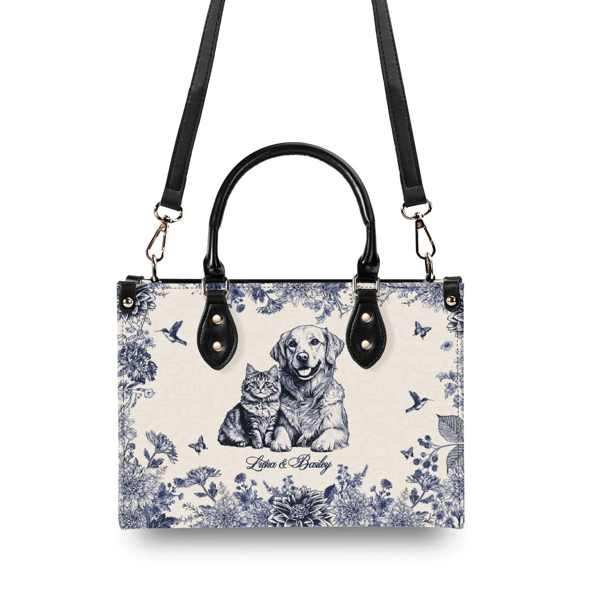 Personalized Floral Pet Photo Leather Handbag - Leather Bag For Dog Cat Mom - Gifts For Dog Cat Lovers