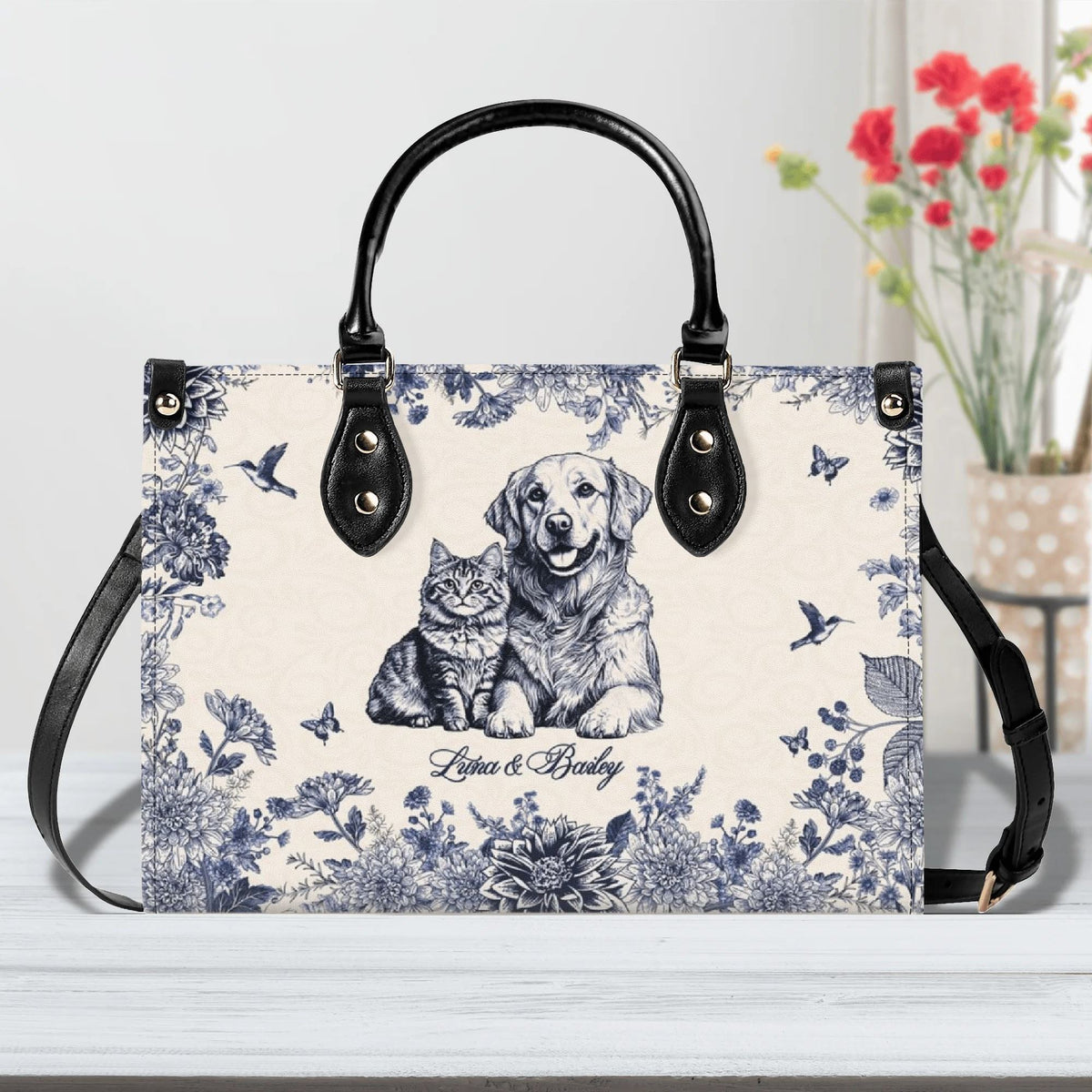 Personalized Floral Pet Photo Leather Handbag - Leather Bag For Dog Cat Mom - Gifts For Dog Cat Lovers