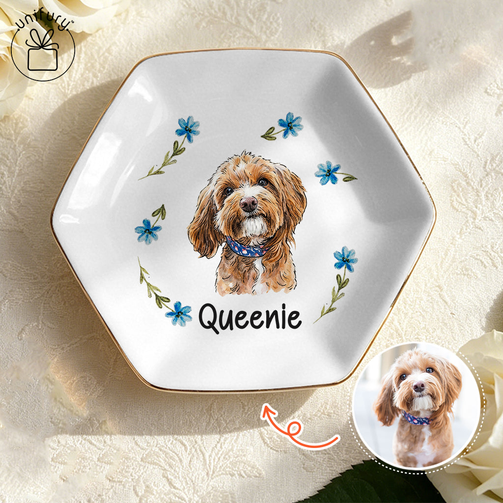 Custom Flower Pet Portrait Ceramic Ring Dish - Personalized Floral Photo Jewelry Tray - Gifts For Dog Cat Lovers