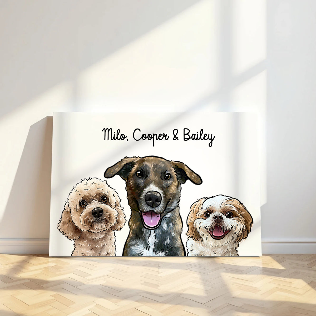 Custom Pet Portrait Canvas Print - Gifts For Dog Mom, Dad, Dog Cat Lovers - 3 Pets