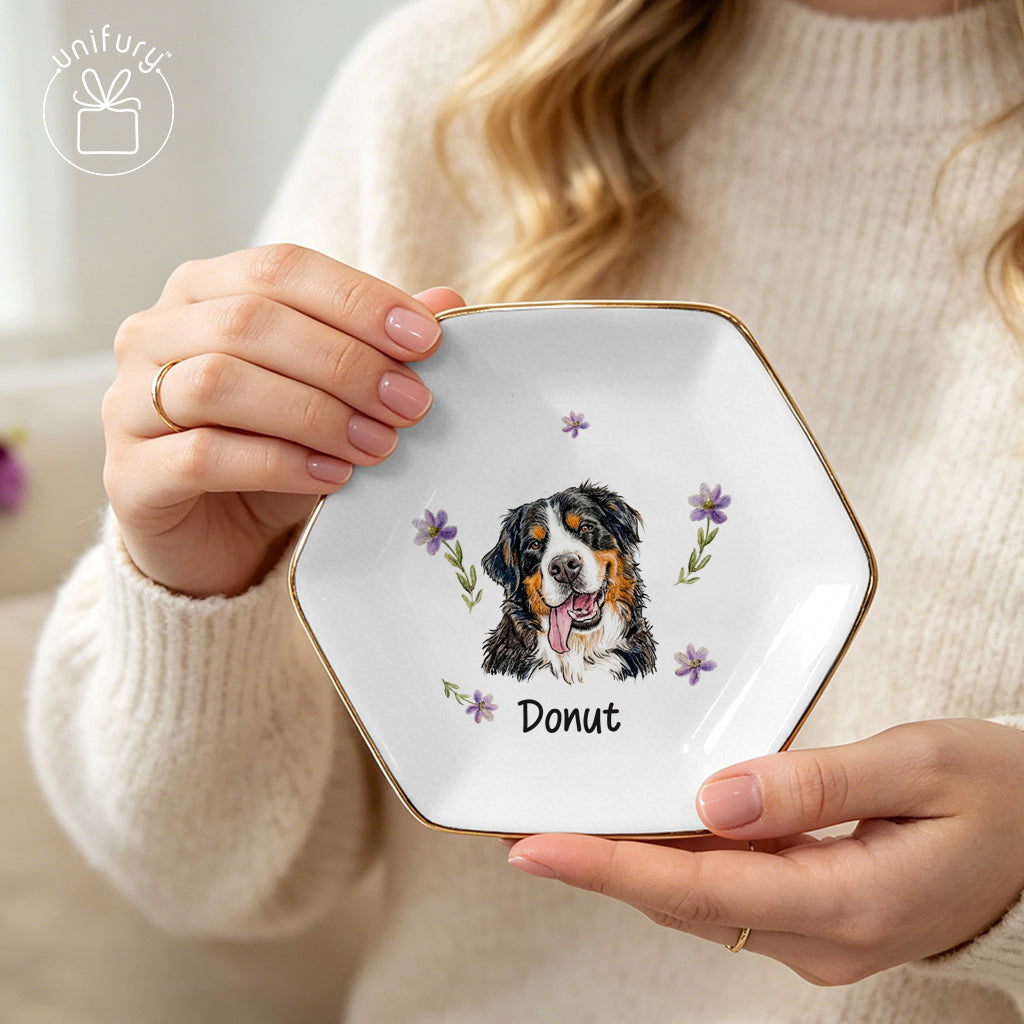 Custom Flower Pet Portrait Ceramic Ring Dish - Personalized Floral Photo Jewelry Tray - Gifts For Dog Cat Lovers