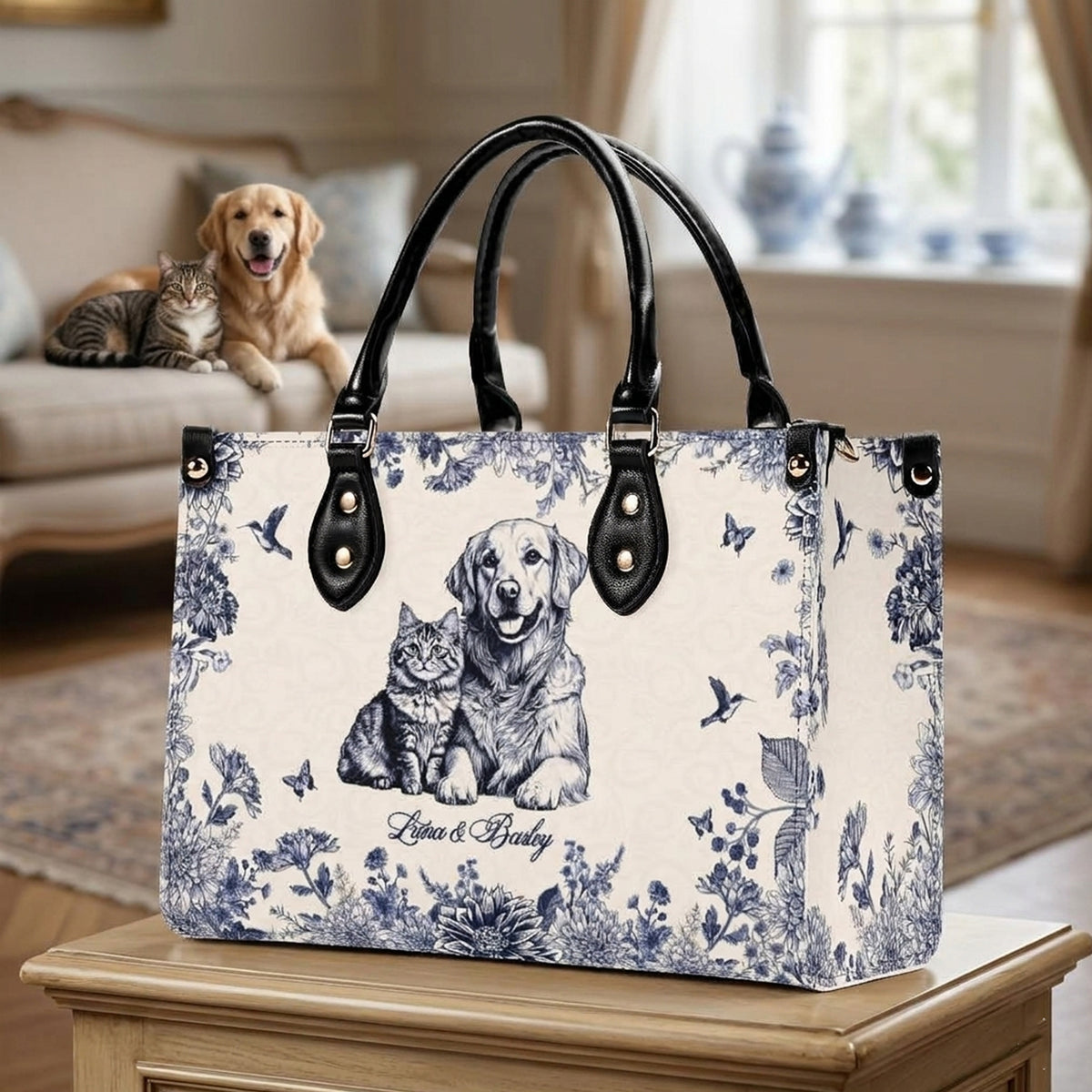 Personalized Floral Pet Photo Leather Handbag - Leather Bag For Dog Cat Mom - Gifts For Dog Cat Lovers