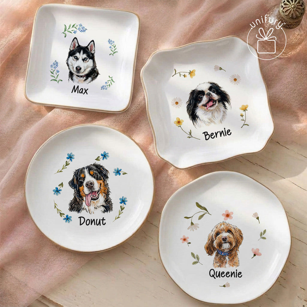 Custom Flower Pet Portrait Ceramic Ring Dish - Personalized Floral Photo Jewelry Tray - Gifts For Dog Cat Lovers