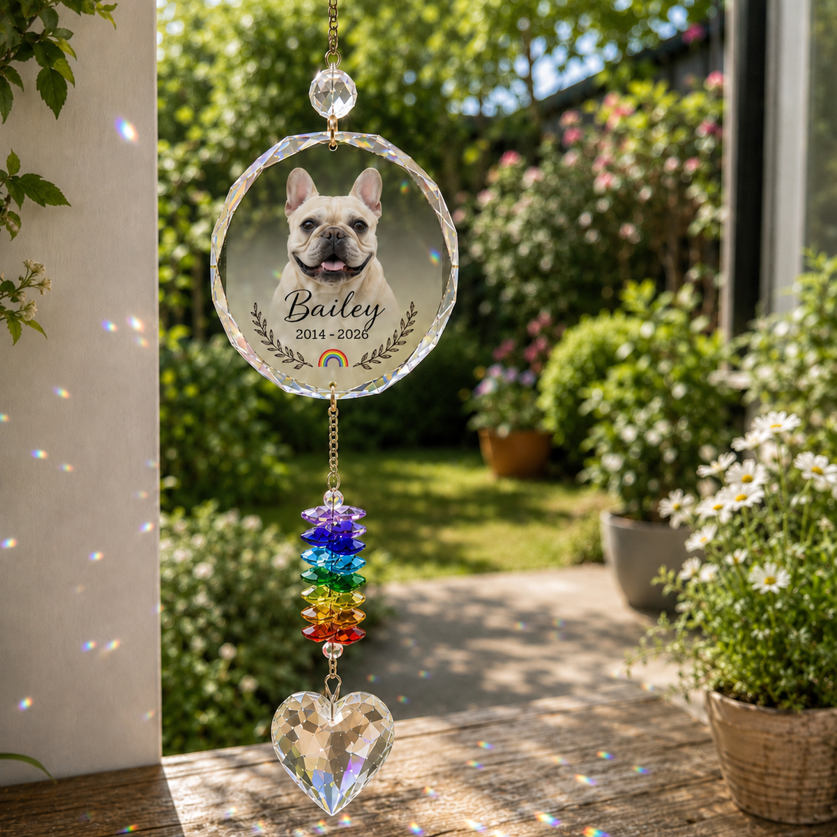 Dog memorial suncatcher hanging in a sunny garden with crystal prisms creating colorful rainbow light