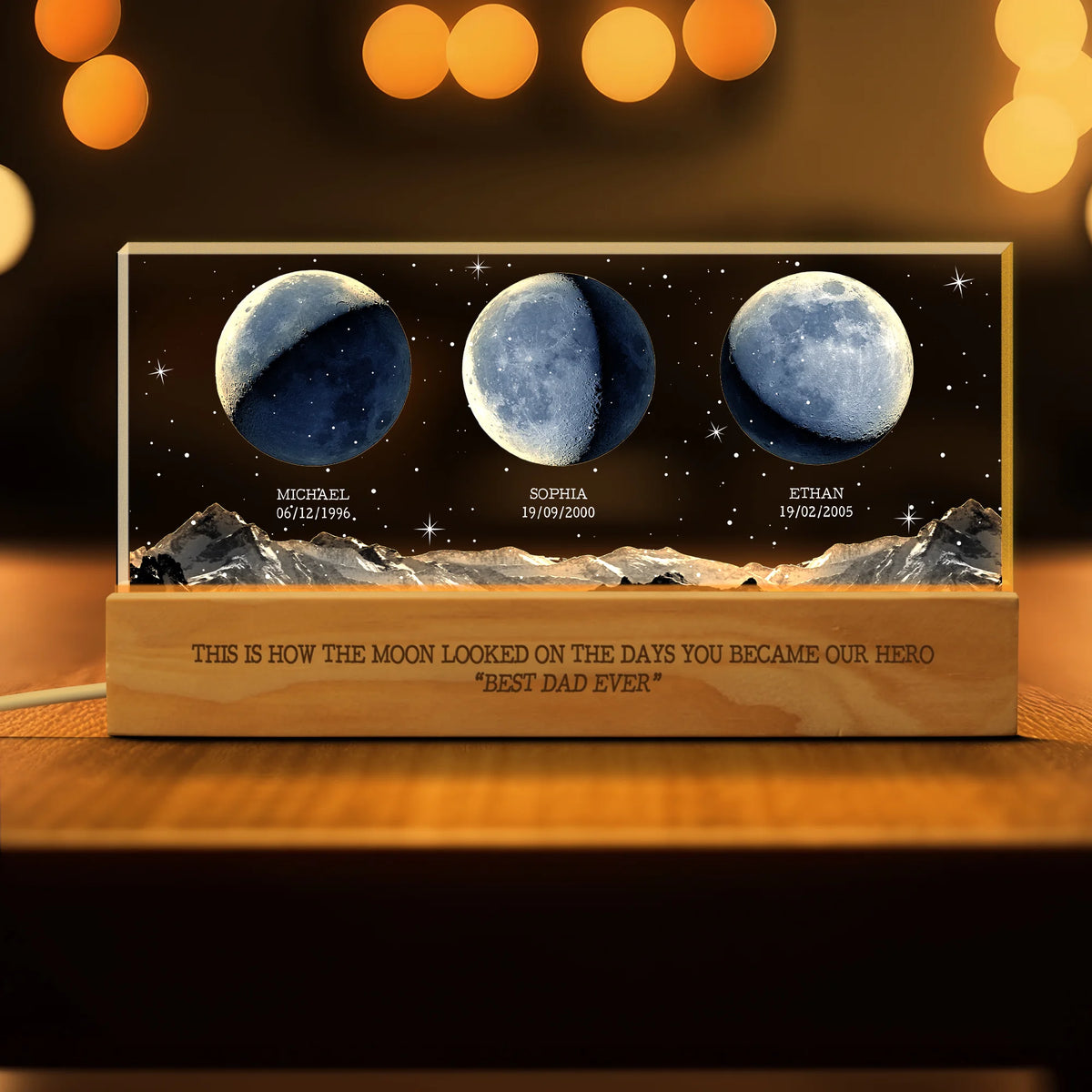 Custom Birth Moon Phase Dad Acrylic Block LED Night Light - Gift For Dad - Father's Day Gift