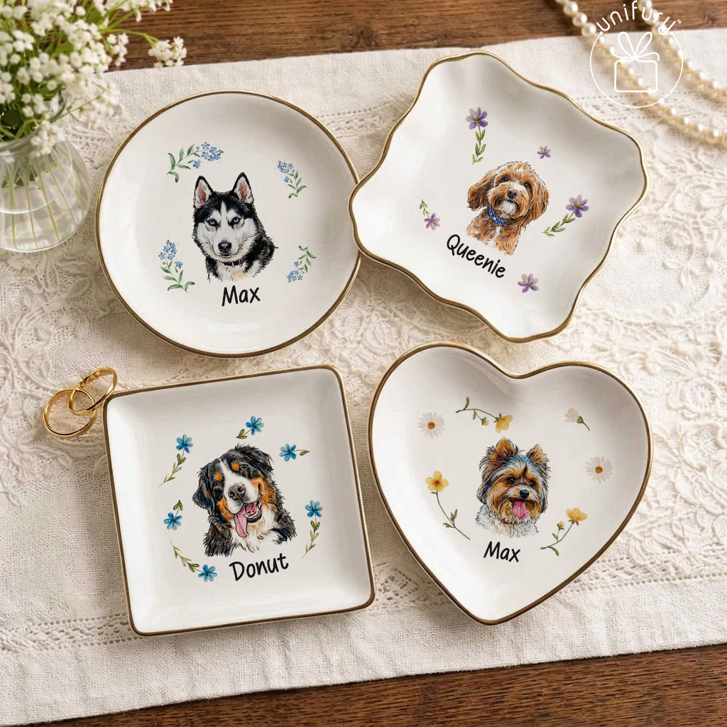 Custom Flower Pet Portrait Ceramic Ring Dish - Personalized Floral Photo Jewelry Tray - Gifts For Dog Cat Lovers