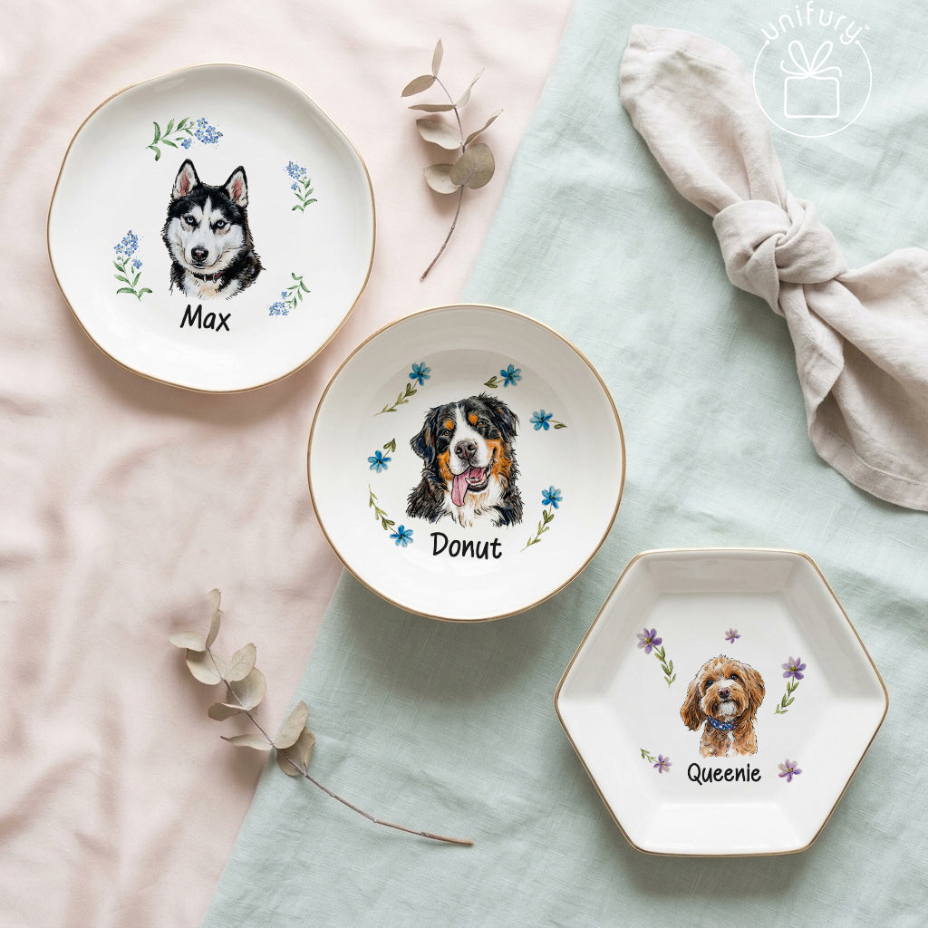 Custom Flower Pet Portrait Ceramic Ring Dish - Personalized Floral Photo Jewelry Tray - Gifts For Dog Cat Lovers