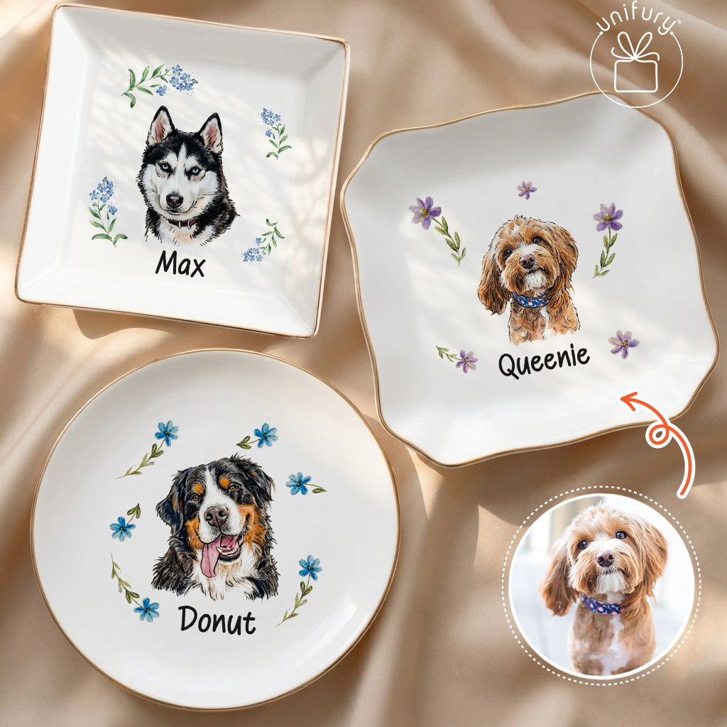 Custom Flower Pet Portrait Ceramic Ring Dish - Personalized Floral Photo Jewelry Tray - Gifts For Dog Cat Lovers