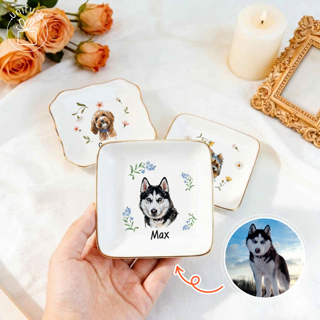 Custom Flower Pet Portrait Ceramic Ring Dish - Personalized Floral Photo Jewelry Tray - Gifts For Dog Cat Lovers
