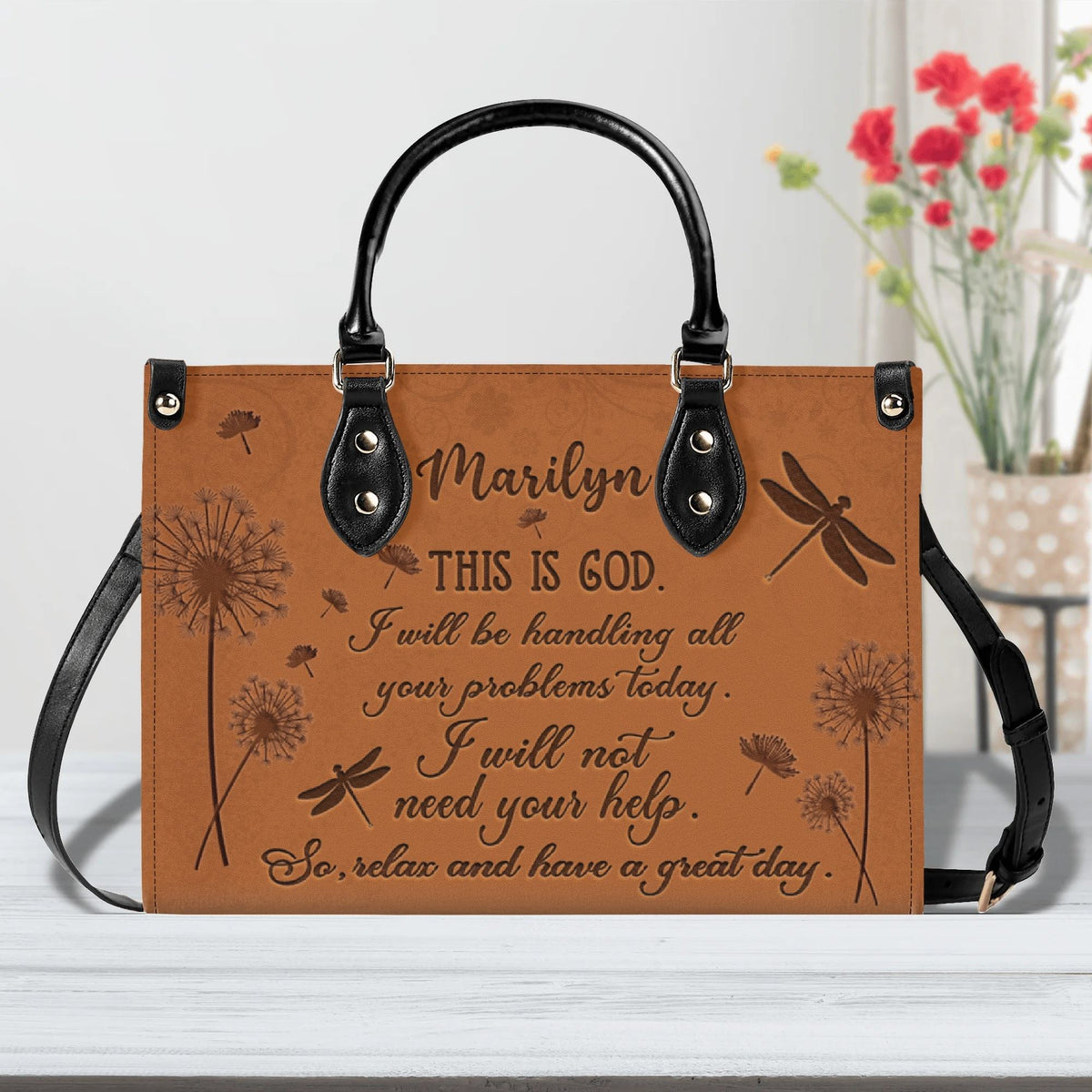 Personalized Dandelion Dragonfly Christian Leather Handbag - Religious Leather Bag - Christian Gifts For Women