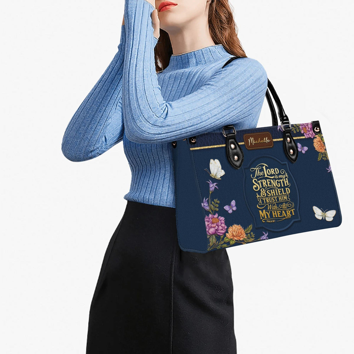 Personalized Floral Butterfly Christian Leather Handbag - Religious Leather Bag - Christian Gifts For Women