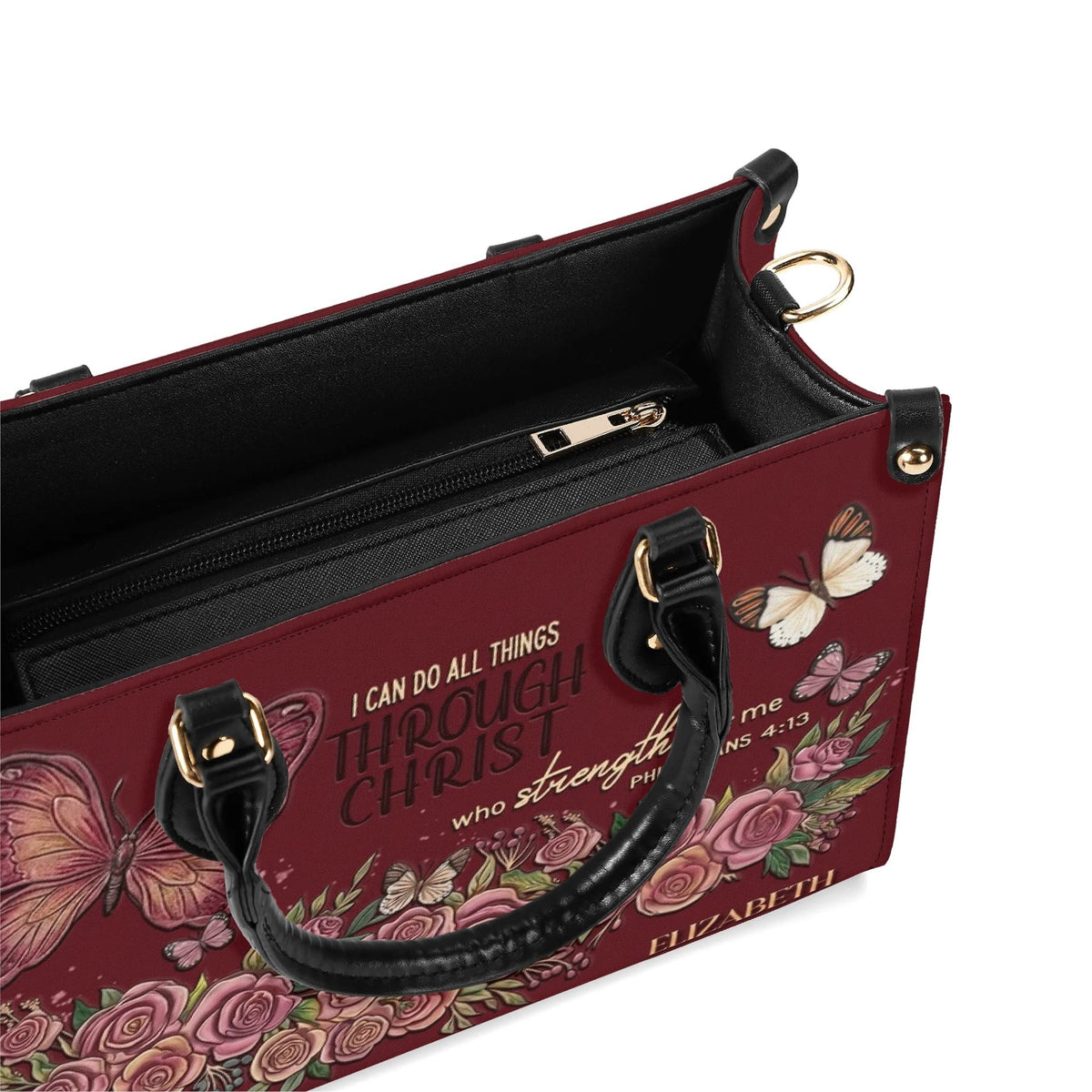 Personalized Floral Butterfly Christian Leather Handbag - Religious Leather Bag - Christian Gifts For Women - Philippans 4:13