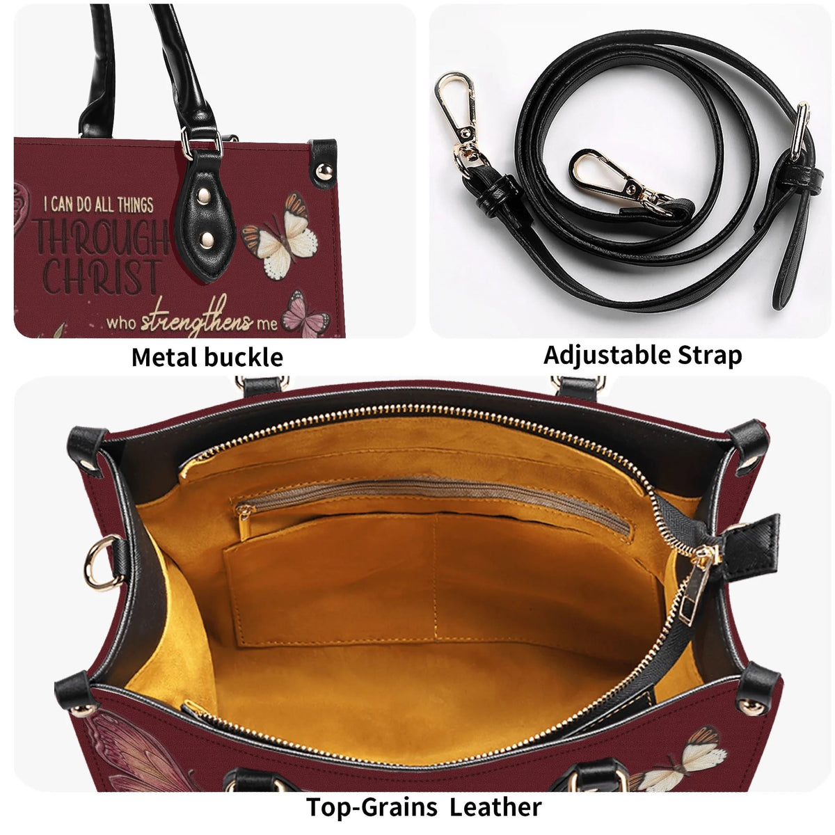 Personalized Floral Butterfly Christian Leather Handbag - Religious Leather Bag - Christian Gifts For Women - Philippans 4:13
