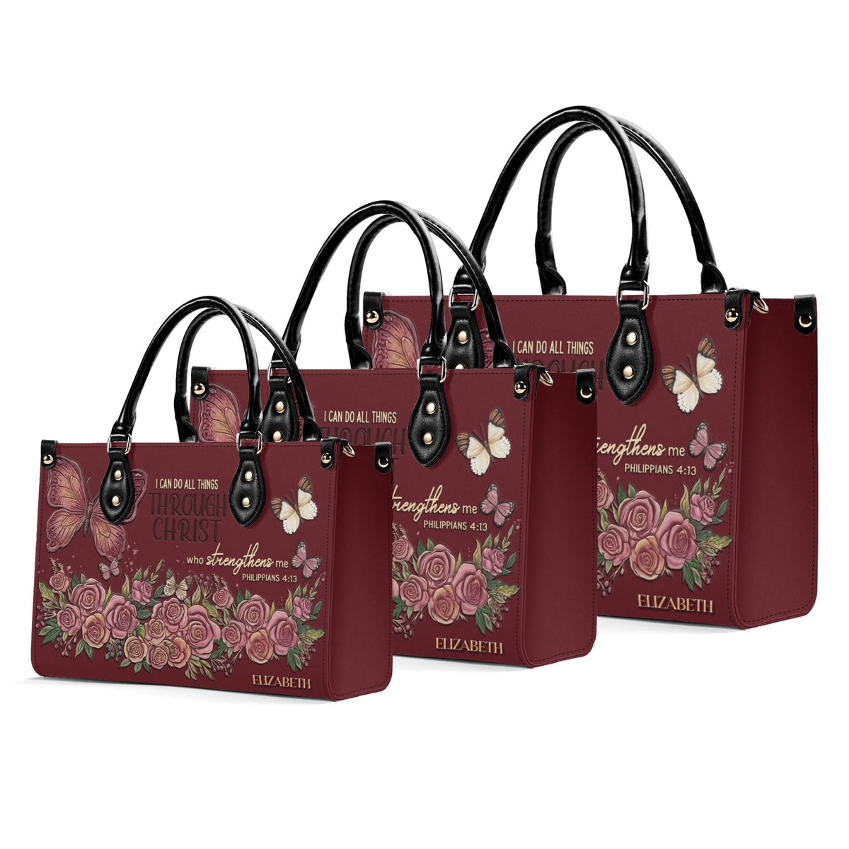 Personalized Floral Butterfly Christian Leather Handbag - Religious Leather Bag - Christian Gifts For Women - Philippans 4:13