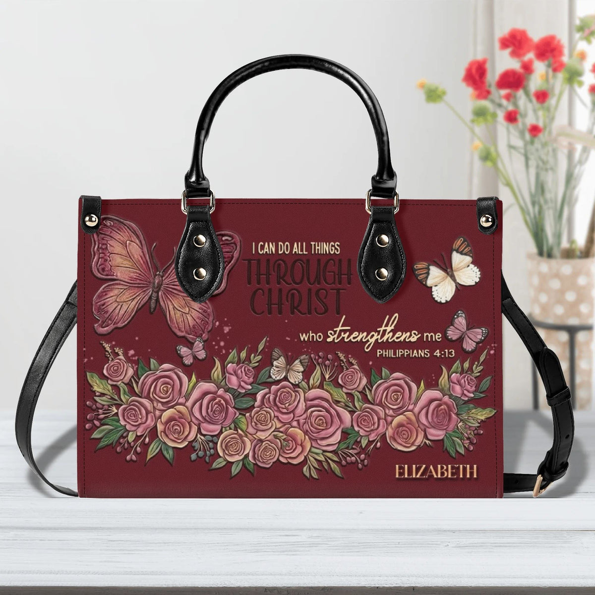Personalized Floral Butterfly Christian Leather Handbag - Religious Leather Bag - Christian Gifts For Women - Philippans 4:13