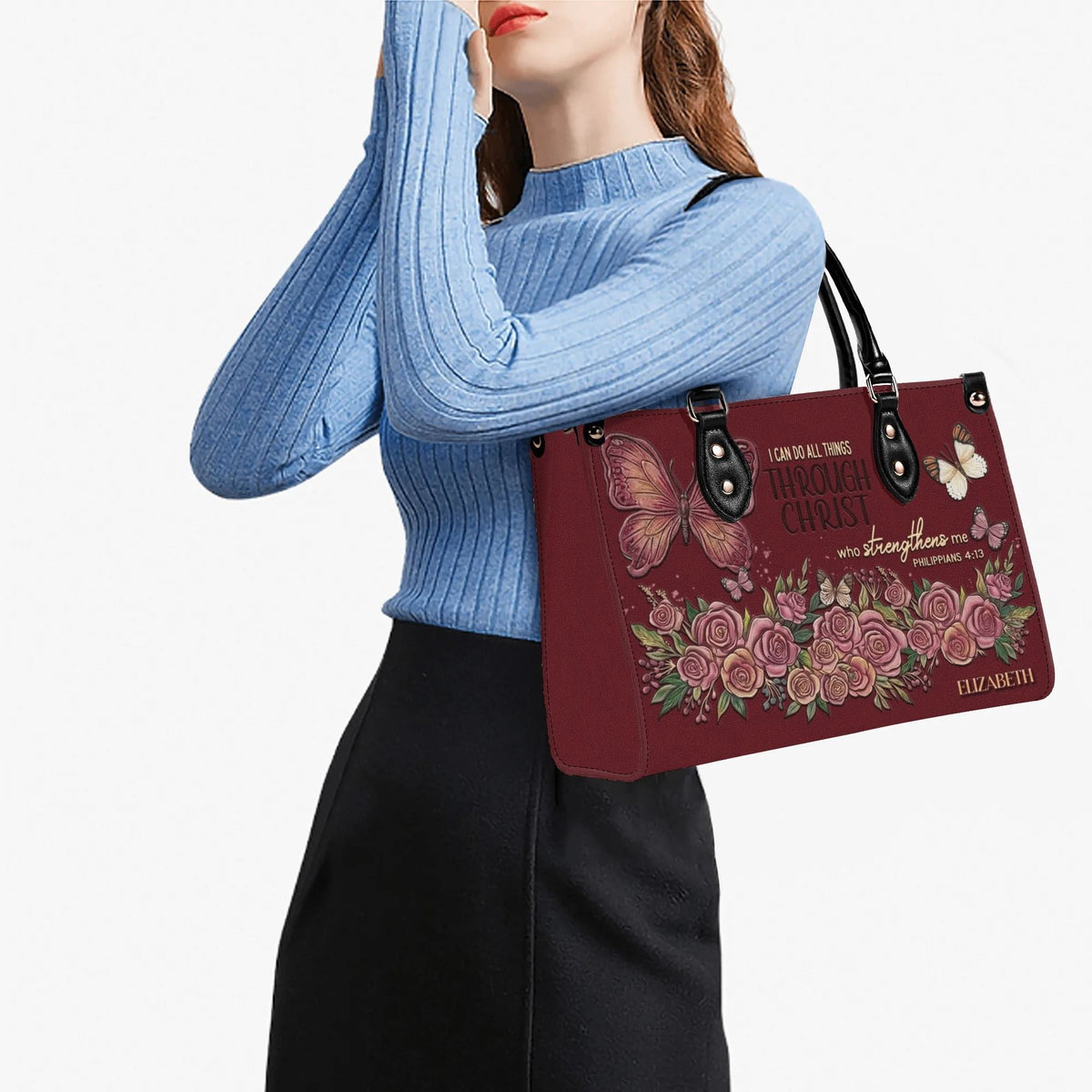 Personalized Floral Butterfly Christian Leather Handbag - Religious Leather Bag - Christian Gifts For Women - Philippans 4:13