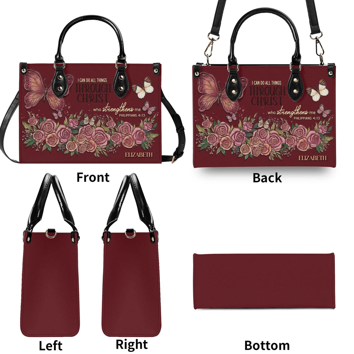 Personalized Floral Butterfly Christian Leather Handbag - Religious Leather Bag - Christian Gifts For Women - Philippans 4:13