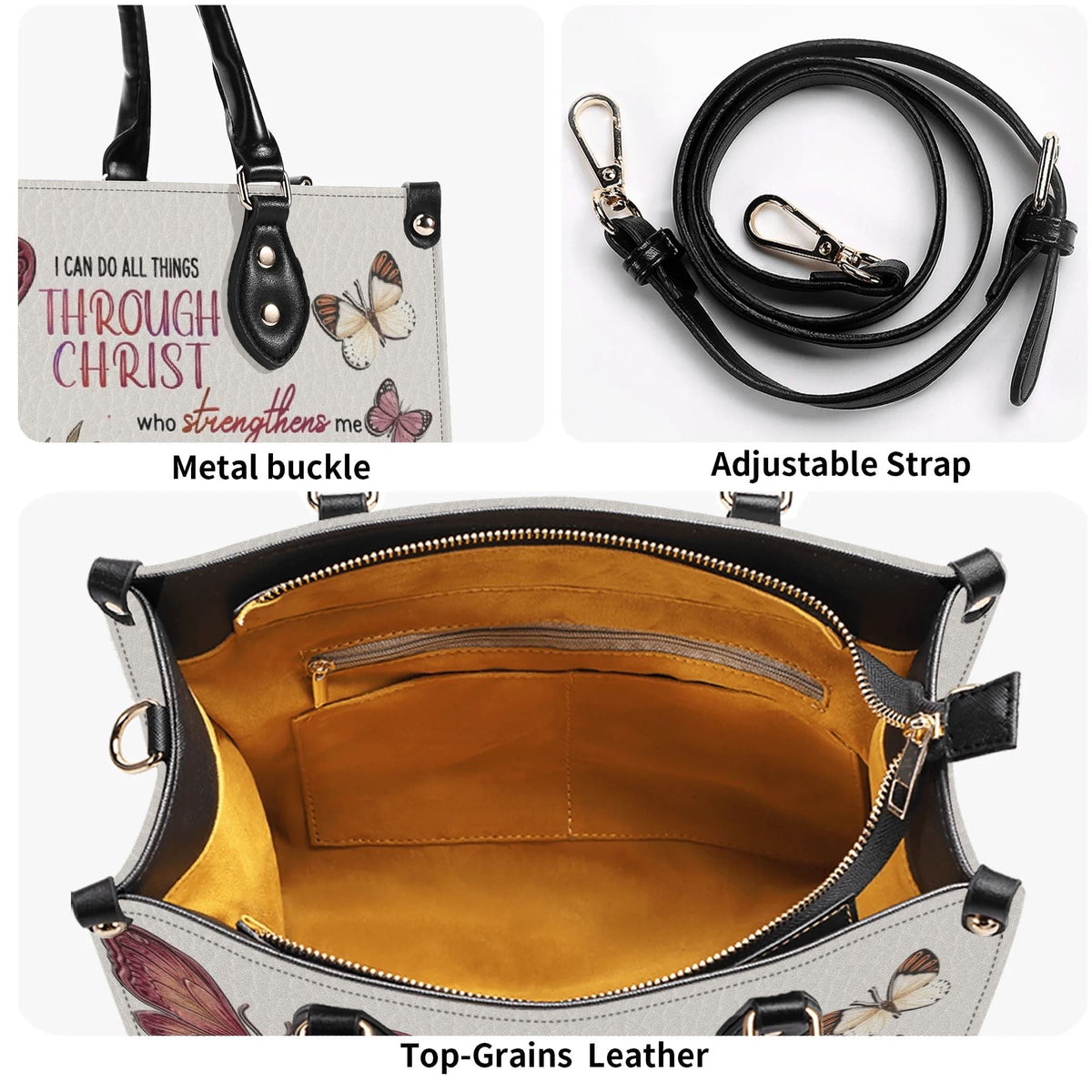 Personalized Floral Butterfly Christian Leather Handbag - Religious Leather Bag - Christian Gifts For Women - Philippans 4:13