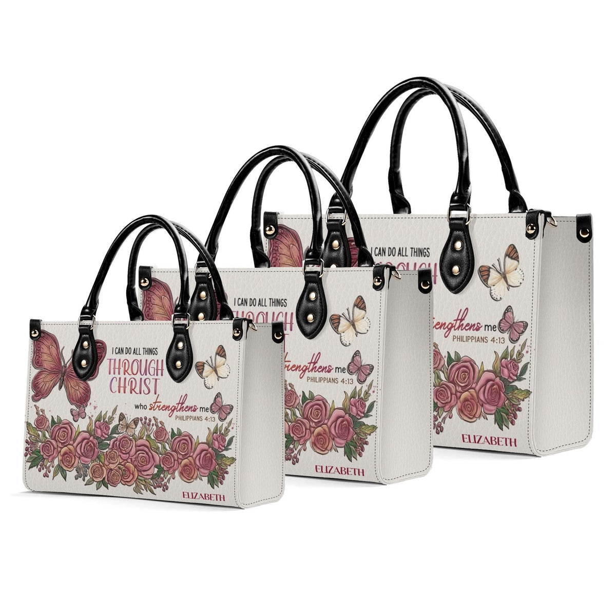 Personalized Floral Butterfly Christian Leather Handbag - Religious Leather Bag - Christian Gifts For Women - Philippans 4:13