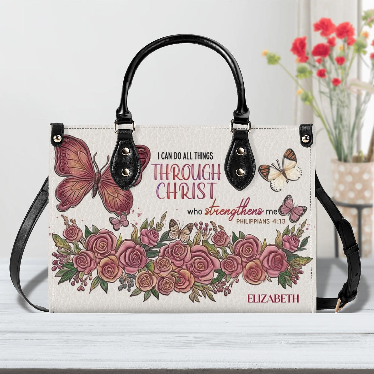 Personalized Floral Butterfly Christian Leather Handbag - Religious Leather Bag - Christian Gifts For Women - Philippans 4:13