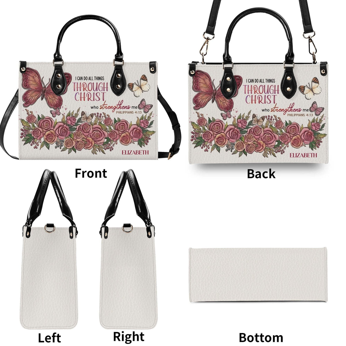Personalized Floral Butterfly Christian Leather Handbag - Religious Leather Bag - Christian Gifts For Women - Philippans 4:13