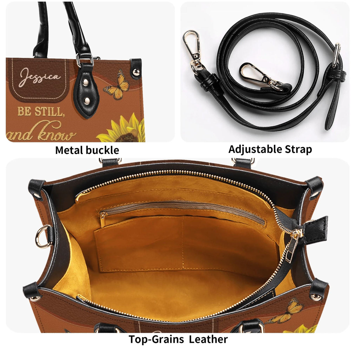 Personalized Sunflower Butterfly Christian Leather Handbag - Religious Leather Bag - Christian Gifts For Women - Psalm 46:10
