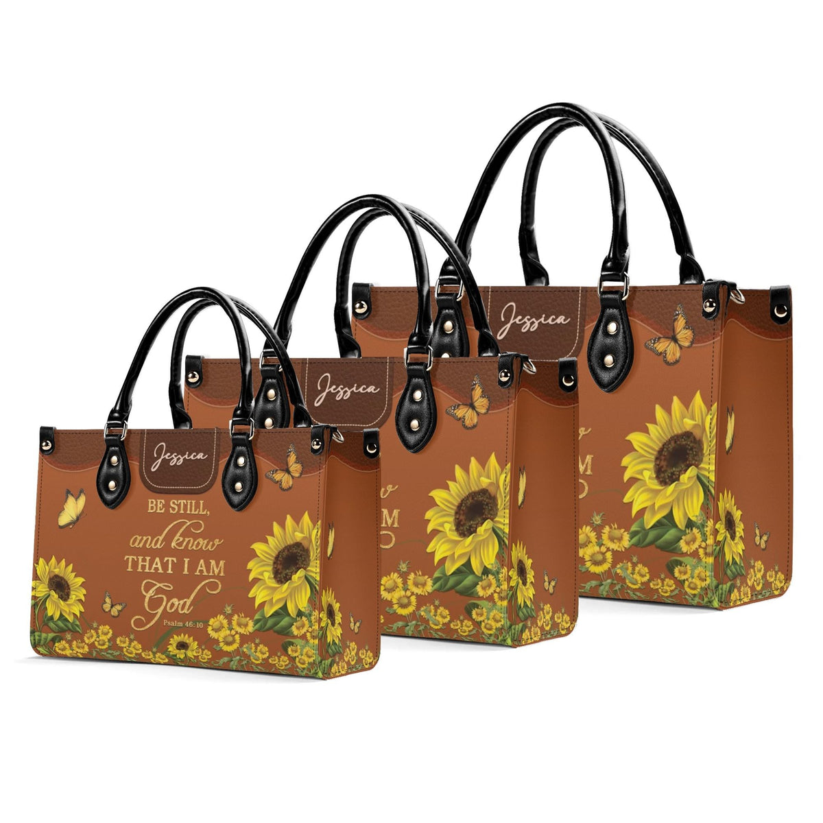 Personalized Sunflower Butterfly Christian Leather Handbag - Religious Leather Bag - Christian Gifts For Women - Psalm 46:10