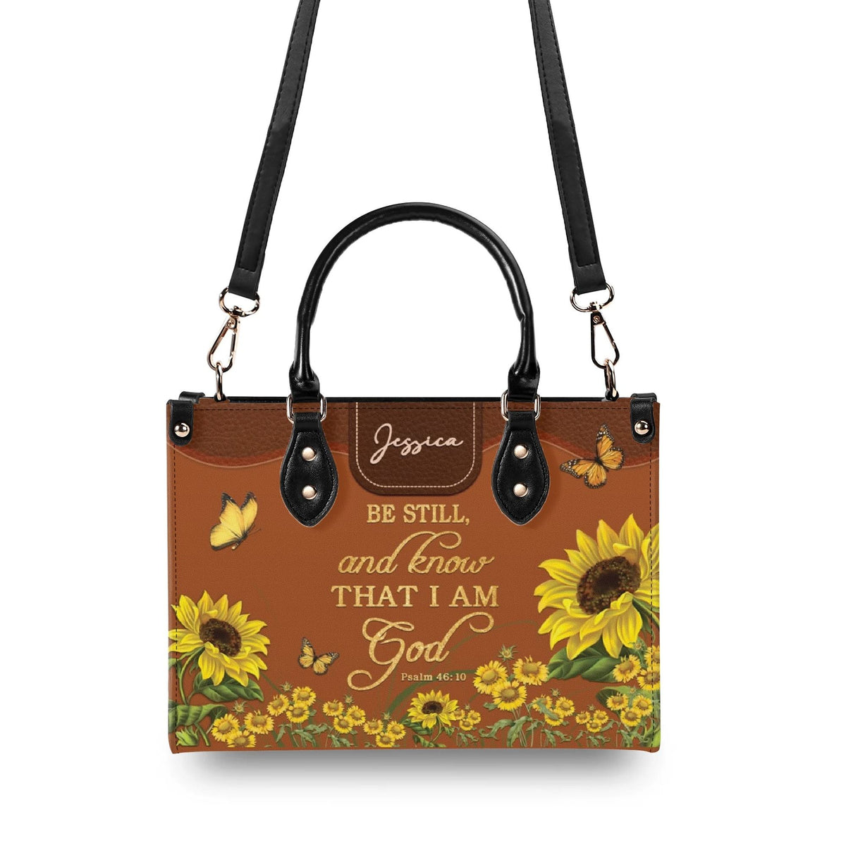 Personalized Sunflower Butterfly Christian Leather Handbag - Religious Leather Bag - Christian Gifts For Women - Psalm 46:10