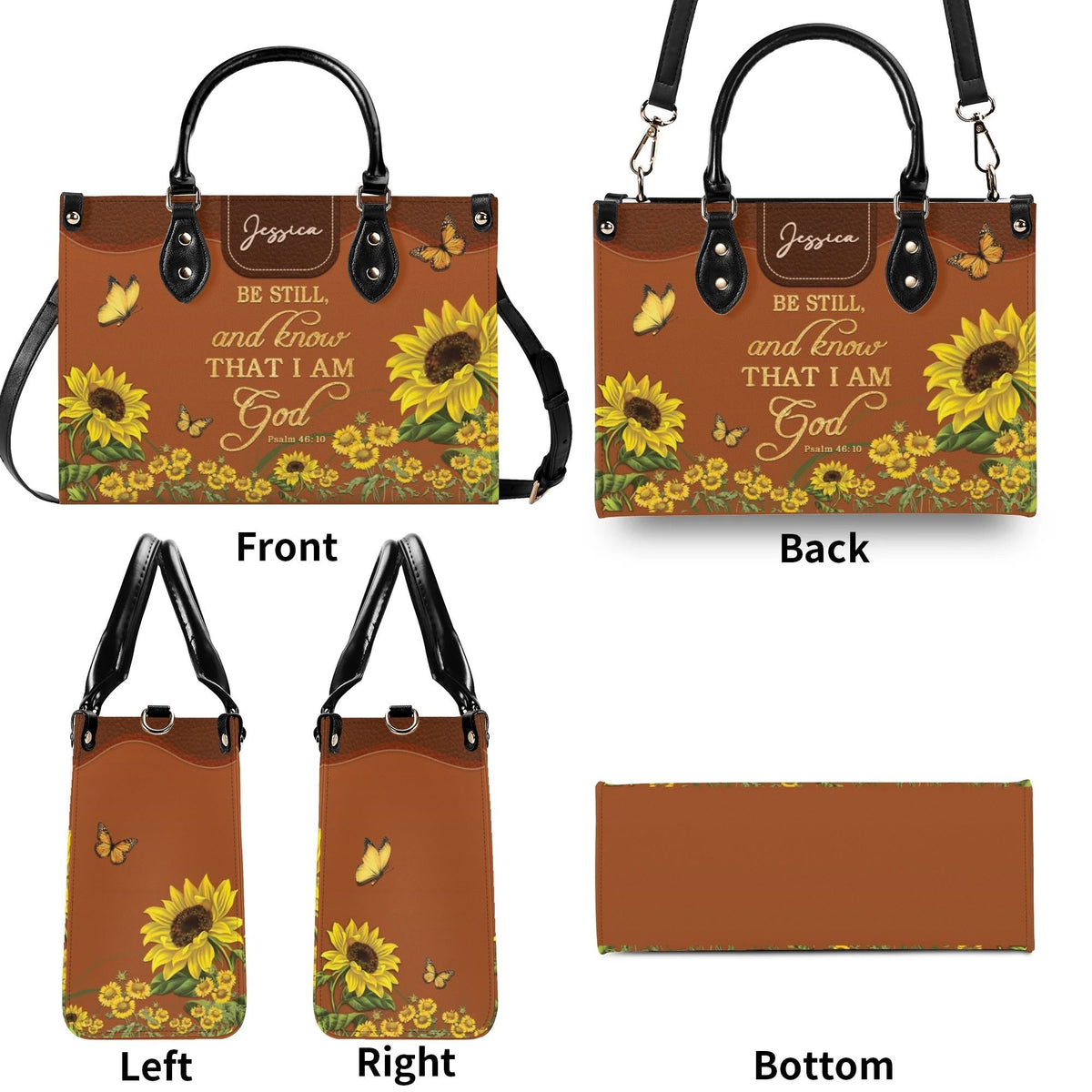 Personalized Sunflower Butterfly Christian Leather Handbag - Religious Leather Bag - Christian Gifts For Women - Psalm 46:10