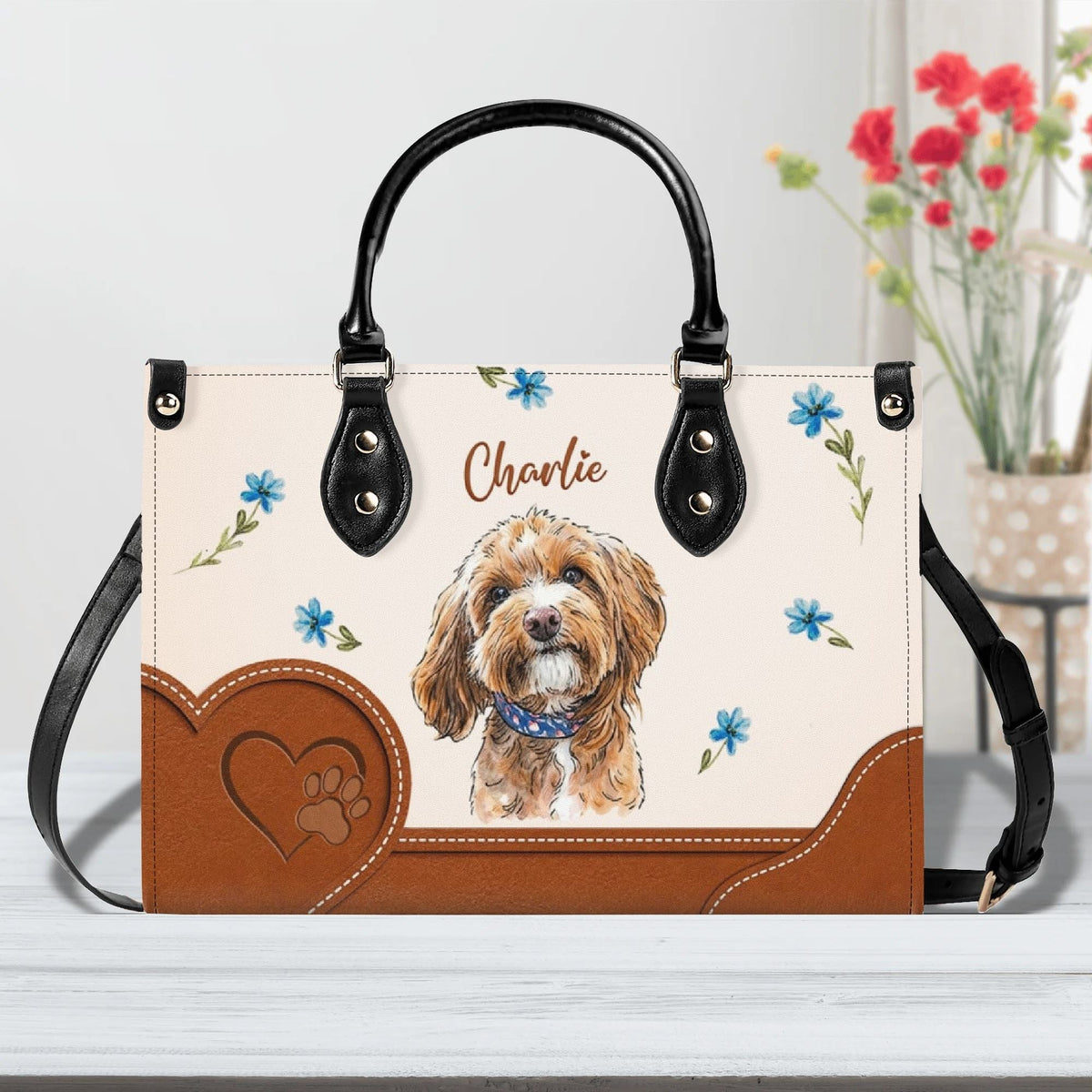 Personalized Floral Pet Portrait Leather Handbag - Dog Cat Mom Leather Bag - Gifts For Dog Cat Lovers