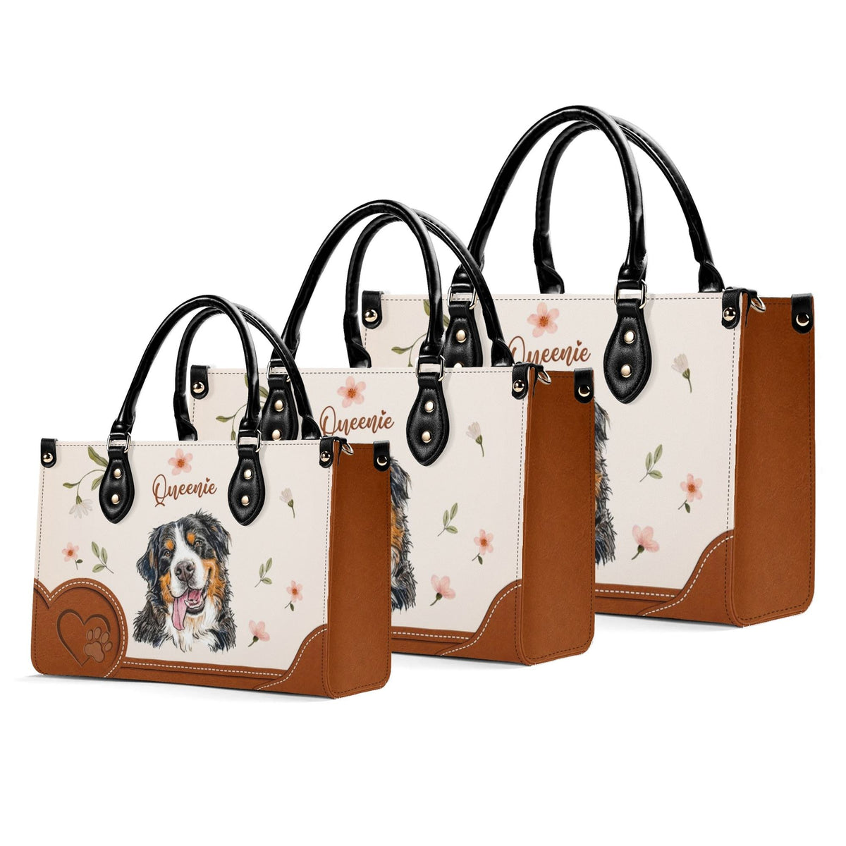 Personalized Floral Pet Portrait Leather Handbag - Dog Cat Mom Leather Bag - Gifts For Dog Cat Lovers