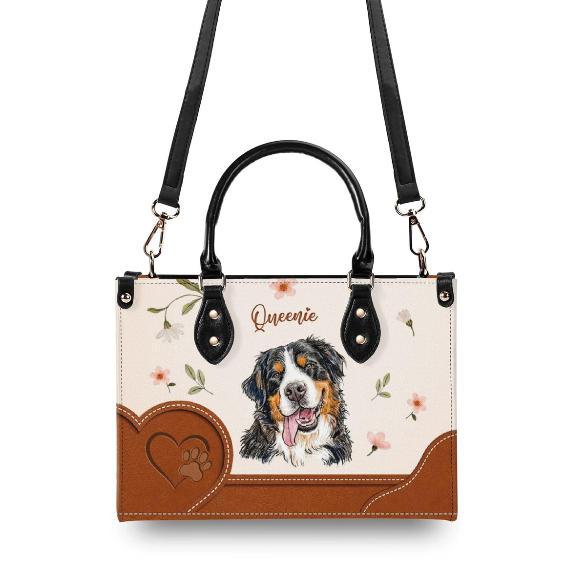 Personalized Floral Pet Portrait Leather Handbag - Dog Cat Mom Leather Bag - Gifts For Dog Cat Lovers