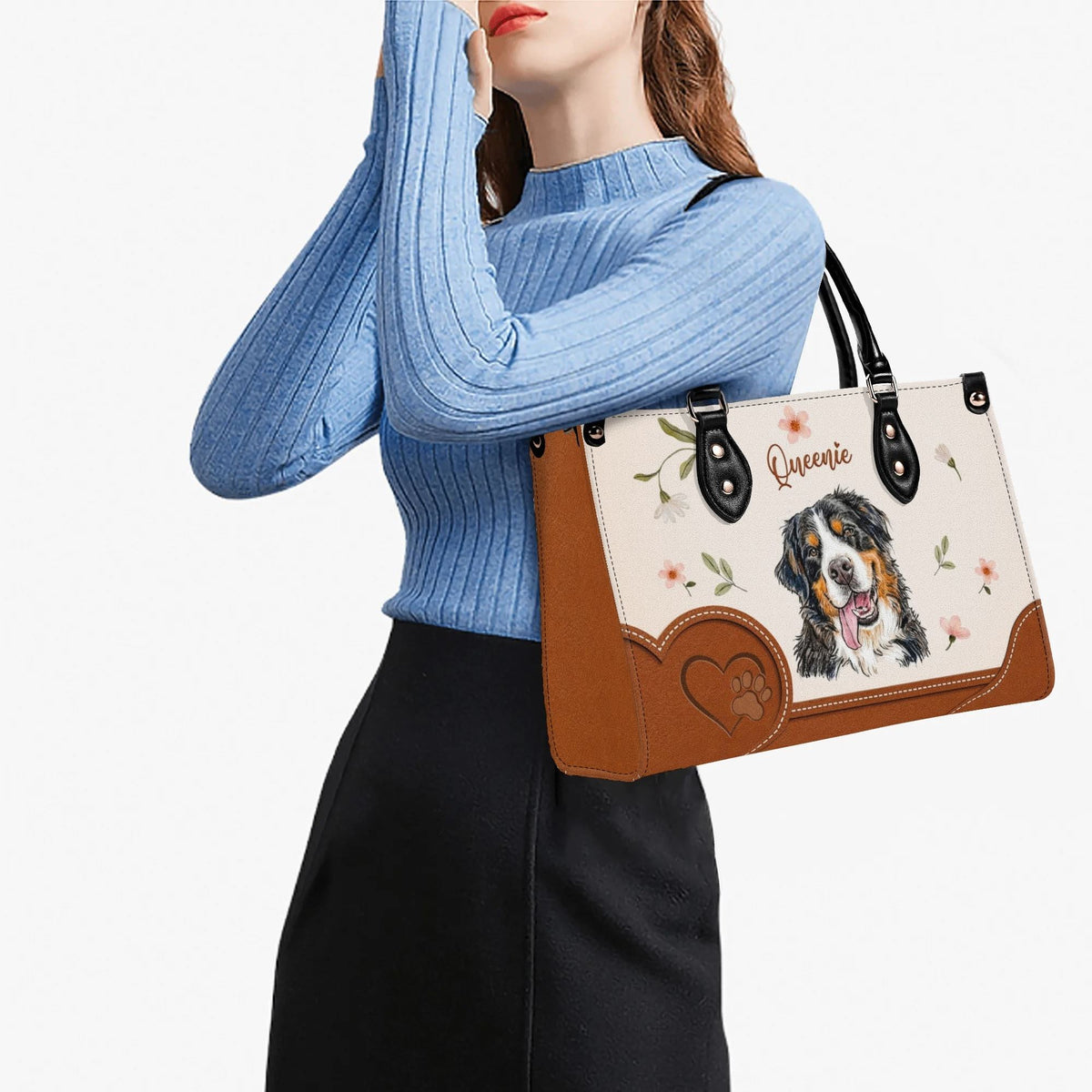 Personalized Floral Pet Portrait Leather Handbag - Dog Cat Mom Leather Bag - Gifts For Dog Cat Lovers