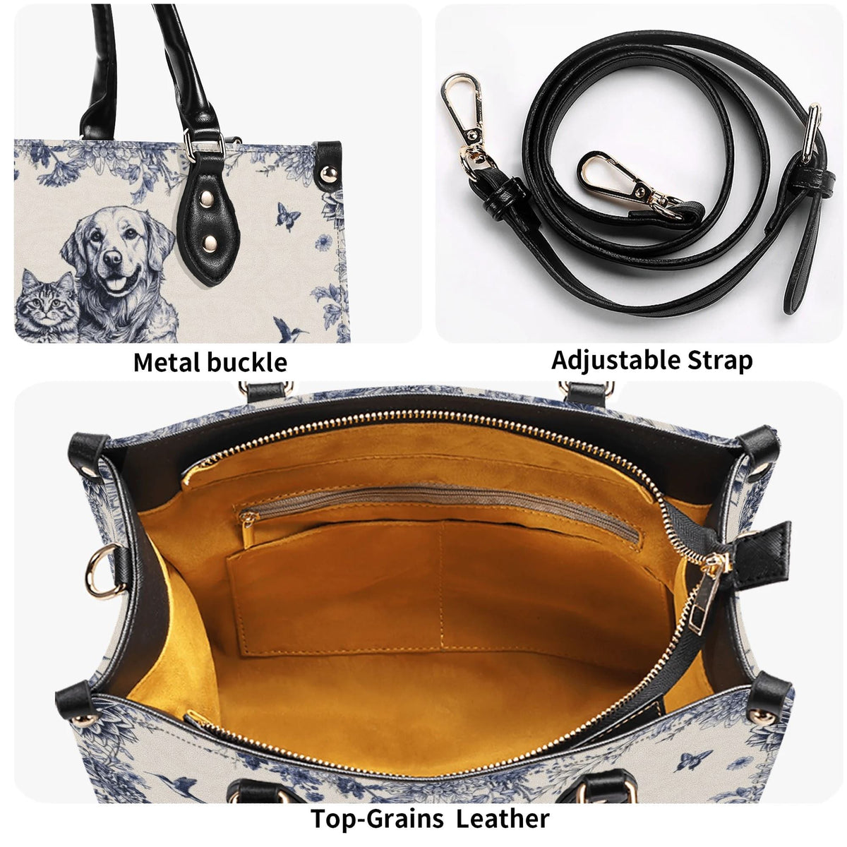Personalized Floral Pet Photo Leather Handbag - Leather Bag For Dog Cat Mom - Gifts For Dog Cat Lovers