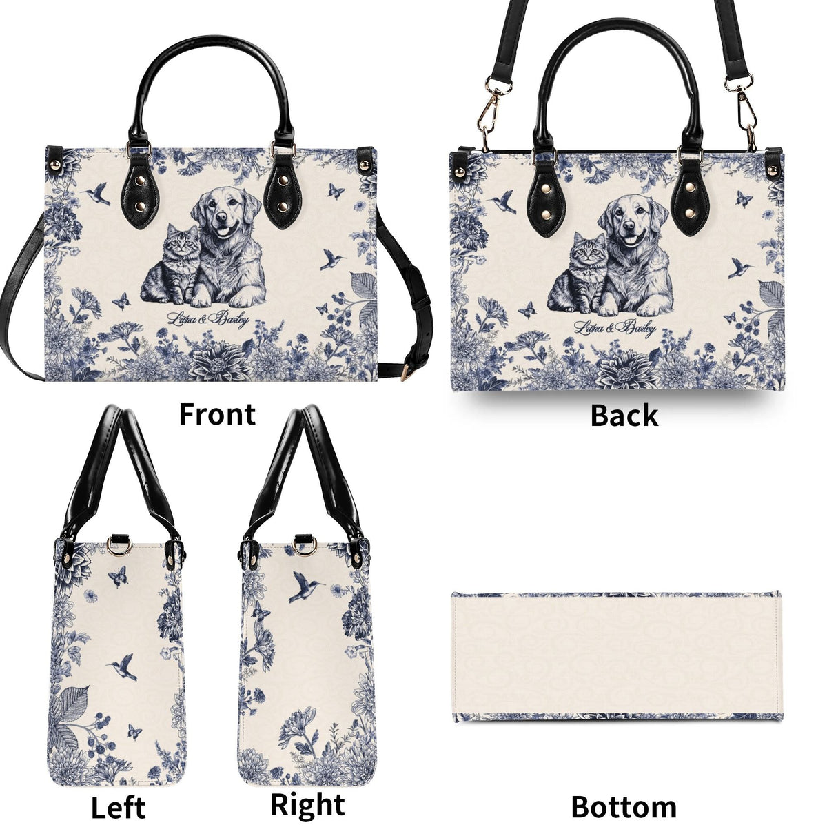 Personalized Floral Pet Photo Leather Handbag - Leather Bag For Dog Cat Mom - Gifts For Dog Cat Lovers