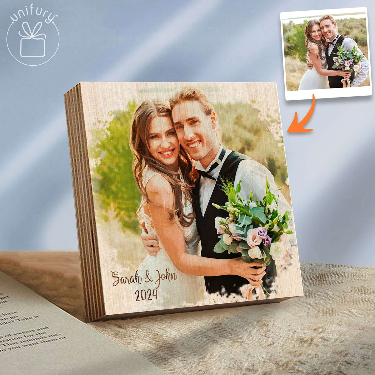 Custom Photo Portrait Couple Water Color Effect Wooden Block