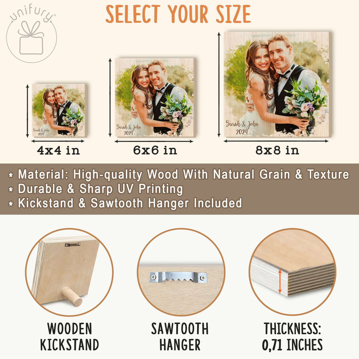 Custom Photo Portrait Couple Water Color Effect Wooden Block