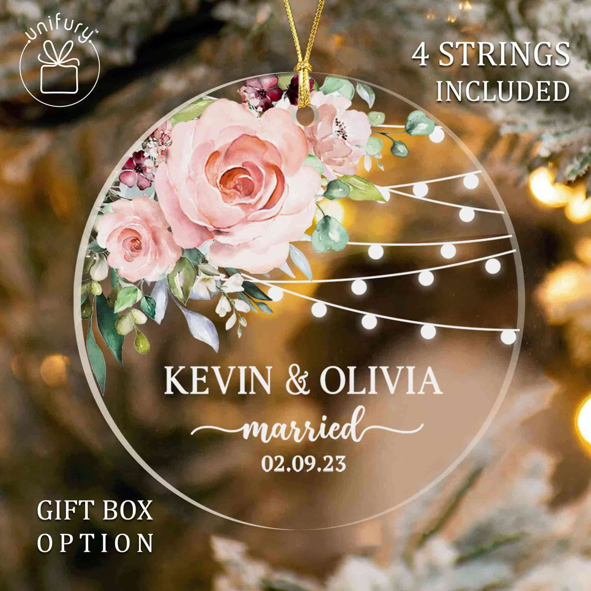 Personalized Just Married Wedding Floral Shape Acrylic Ornament
