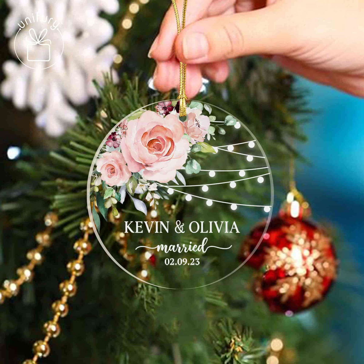 Personalized Just Married Wedding Floral Shape Acrylic Ornament